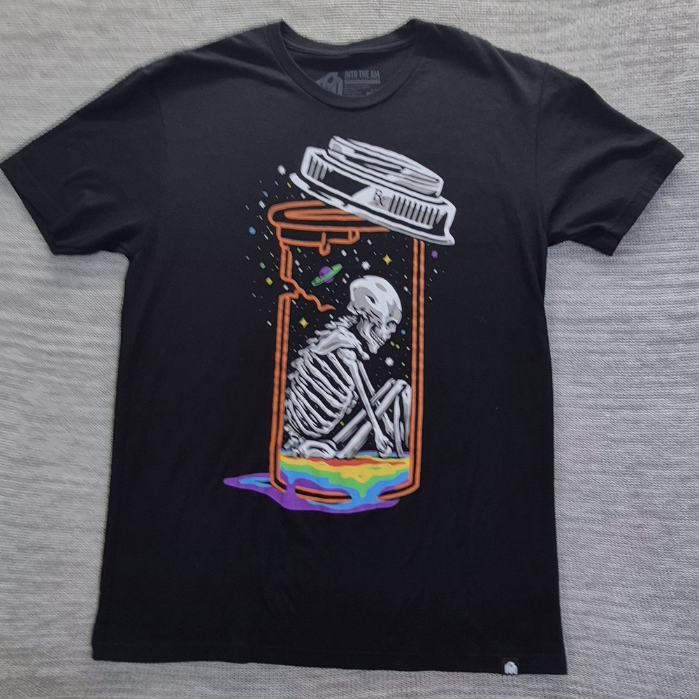 Black Graphic Tee with Skeleton in Pill Bottle
